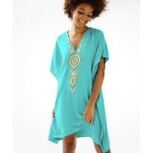 Lilly Pulitzer 'Chai' Embellished Caftan Dress Agate Green L/XL Beaded Rayon